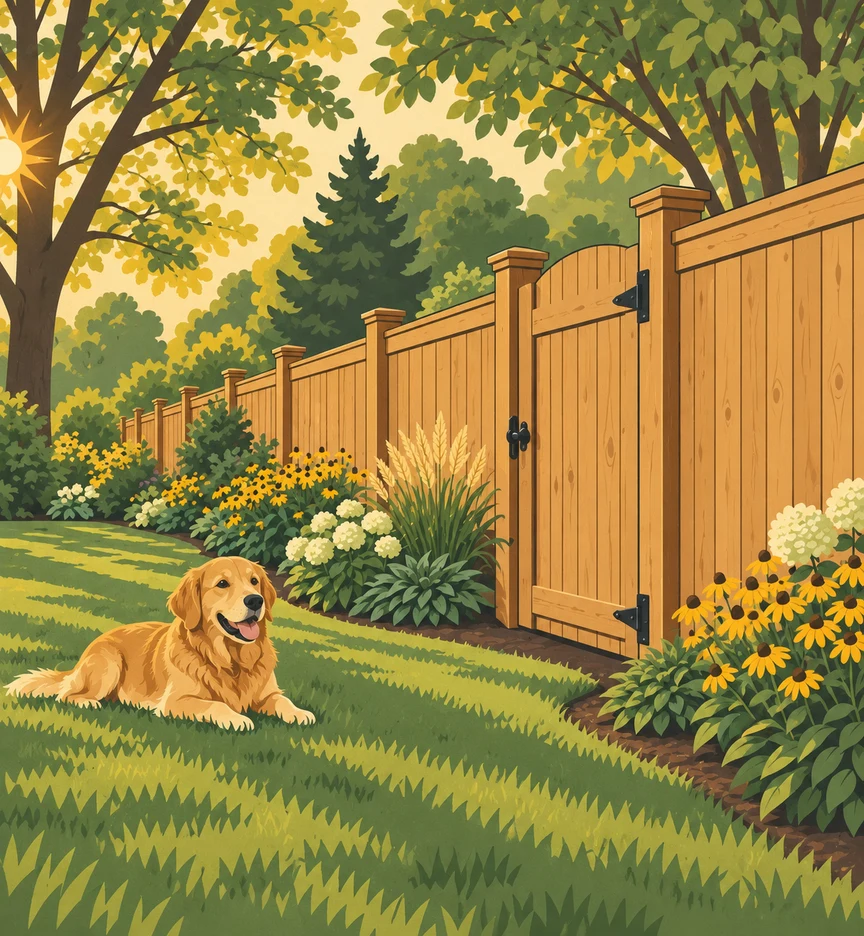 Illustrative backyard scene with a cedar privacy fence, garden gate, golden retriever, and sunlit flowers